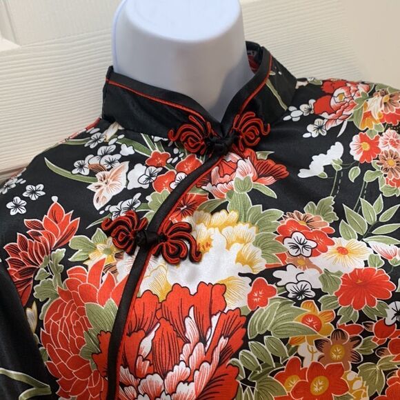 Laogudai 2 XL Black Red High Neck Long Sleeve Zip Back Asian Floral Maxi Dress - Picture 3 of 9